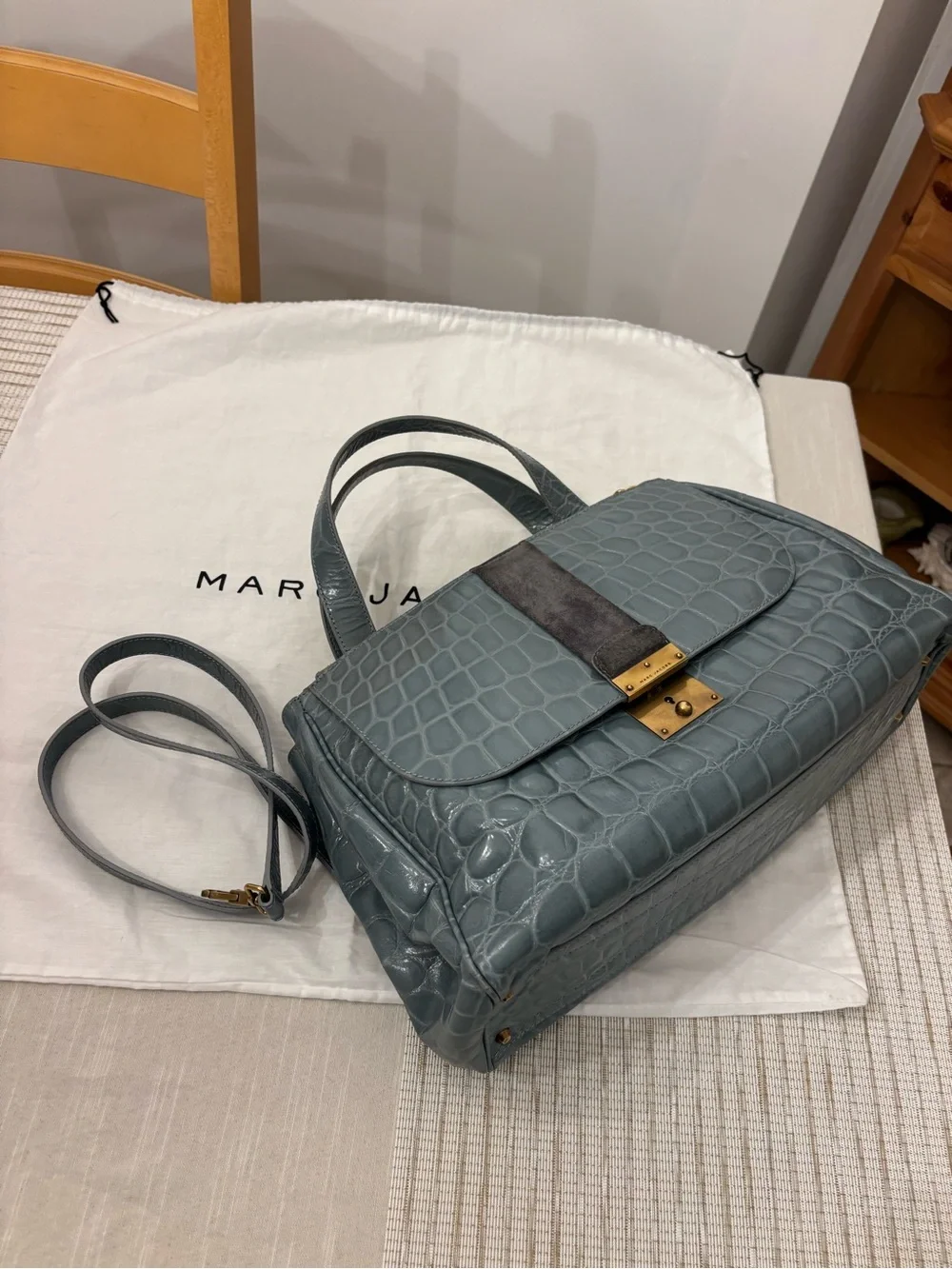 RARE Marc Jacobs Slate Blue Croc-Embossed Italian Leather Satchel with Gold